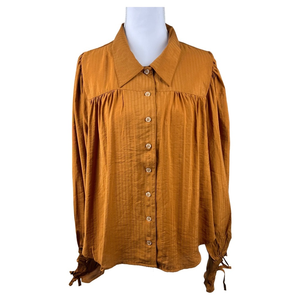 NWT Blu Pepper Mustard Button Front Shirt Large Boho Tie Cuff Long Sleeve Top - Picture 3 of 7